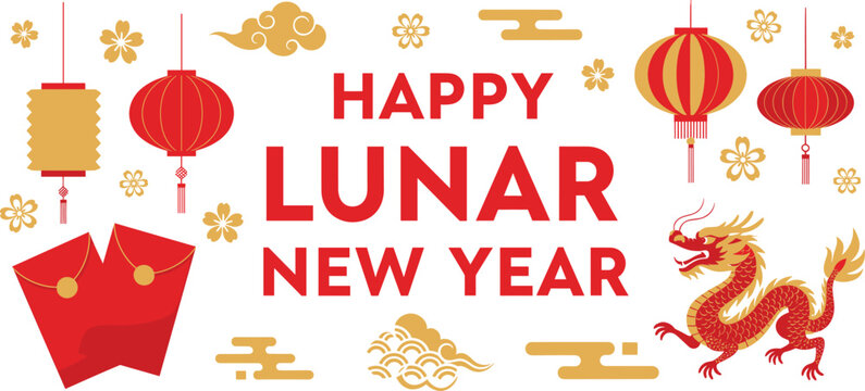Lunar New Year celebration vector—bold greeting text with dragon, lanterns, cherry blossoms, red envelopes, and festive decorations