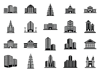 Obraz premium Modern city architecture and diverse building icons - Vector icon symbol for website - Icon vector - Blue icon vector - Flat Design Icon