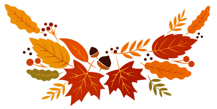 Fall harvest centerpiece ornament with autumn leaves, Thanksgiving day farmhouse decorative frame border divider flourish