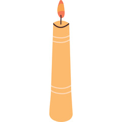 A Tall Cylindrical Light Orange Candle with Horizontal Bands and a Flickering Flame on a Transparent Background