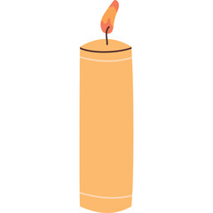 A Tall Cylindrical Orange Candle With A Glowing Yellow And Red Flame Burns Brightly Against A White Background With Subtle Horizontal Bands Marking Its Surface
