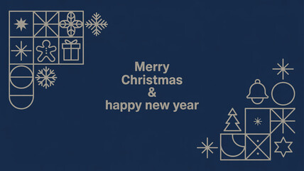 Merry christmas and happy new year greeting with geometric ornaments on dark blue background