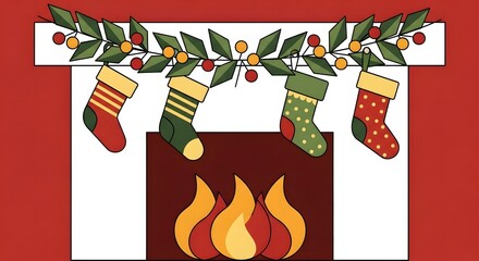 Christmas fireplace with stockings and garland illustration.