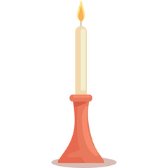 A Tall White Candle Burns Brightly In A Simple Orange Candle Holder Against A White Background With A Soft Shadow Below