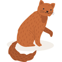 A textured ginger cat with a long bushy tail sits on a light beige oval shape with a white background and a transparent background emphasizing the playful creature and its detailed fur pattern and