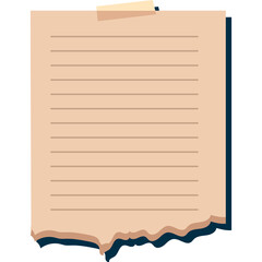 A Torn Piece of Beige Paper With Horizontal Lines and Dark Blue Edges Stuck to a Transparent Background With Beige Tape at the Top