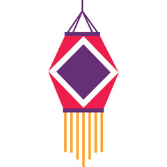 A Traditional Hanging Lantern Decoration in Red Purple and Yellow Colors With a Diamond Shape Detail and Fringe Elements Isolated on a White Background