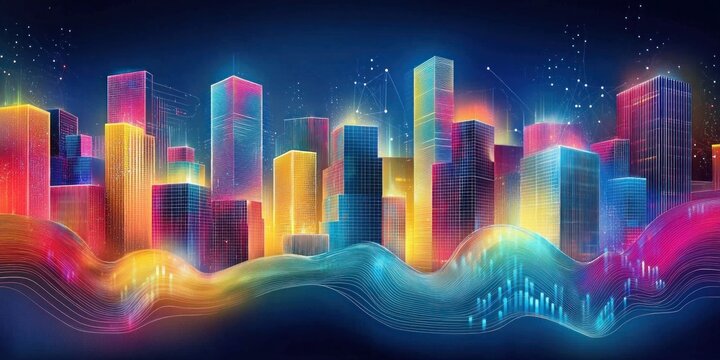 Futuristic cityscape with glowing neon skyscrapers and abstract digital network connections displaying data visualization in vibrant rainbow gradients. - Powered by Adobe