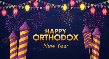 Happy orthodox new year celebration with fireworks and festive lights