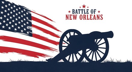 Silhouette of civil war cannon against american flag and battle of new orleans text