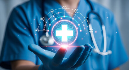Healthcare professional holding a glowing medical cross icon