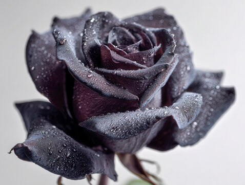 Dark purple rose covered with delicate water droplets highlighting the velvety texture and intricate petal layers in soft natural light on a blurred background - Powered by Adobe