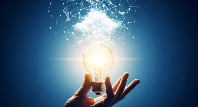 Hand holding a glowing light bulb with abstract network above
