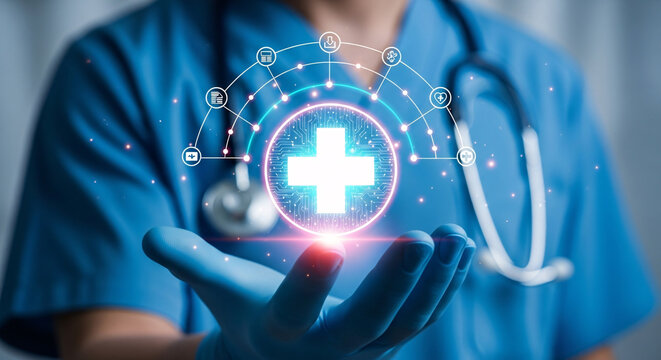 Healthcare professional holding a glowing medical cross icon