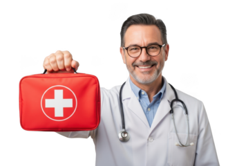Smiling doctor holding red first aid kit isolated on transparent background