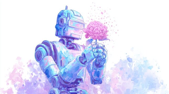 Robotic Humanoid Holding Pink Flowering Plant in Futuristic Digital Art Style