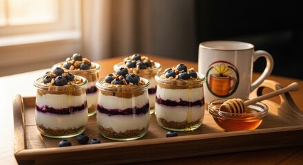 A delightful assortment of individual yogurt parfaits layered with granola and blueberries, served in glass jars with a side of honey and a dipper, perfect for breakfast or a healthy snack