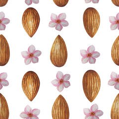 Watercolor seamless pattern with almonds and flowers. White background. For your design