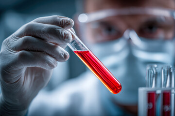 Scientist wearing protective gear holding a test tube with red liquid in a laboratory environment focused on chemical research and experimentation