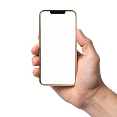 Technological Grip: A hand firmly grasps a sleek, gold-edged smartphone, showcasing the device's blank display. The image accentuates the connection between human and technology.