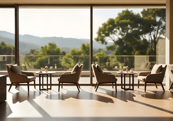 Fototapeta premium Modern lounge area with comfortable seating and scenic mountain views