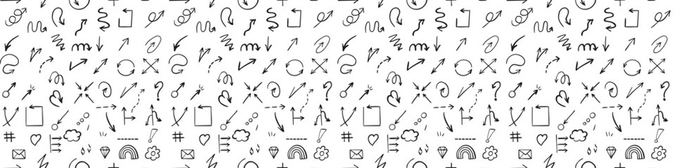Seamless hand drawn pattern with arrows, hearts, squiggles, vector background for decorative designs, simple black white icons.