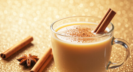 A glass mug of warm chai tea with cinnamon sticks. Festive holiday beverage on a glittering gold background for Christmas and New Year