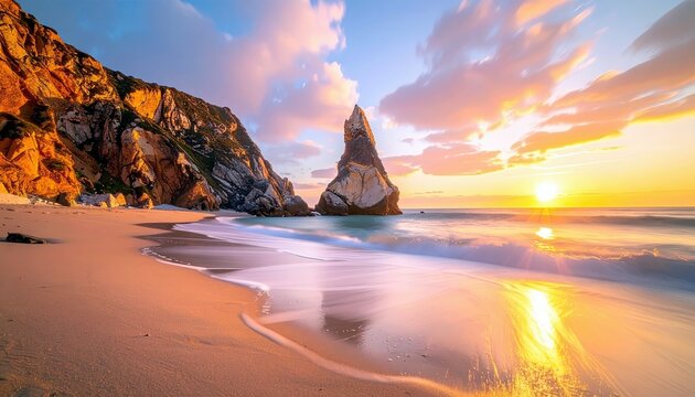 A breathtaking sunset paints the sky with vibrant colors over a serene beach, featuring dramatic rock formations and soft, flowing waves. - Powered by Adobe