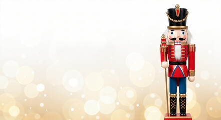 Naklejka premium A traditional wooden nutcracker soldier as a Christmas decoration. Festive holiday background with golden bokeh for a banner or greeting card