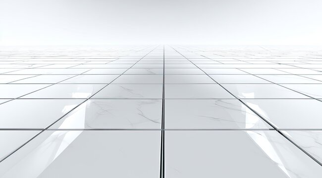 A perspective view of a vast, tiled floor.  White marble-patterned squares extend into a hazy, light-filled distance.  Sleek, modern design