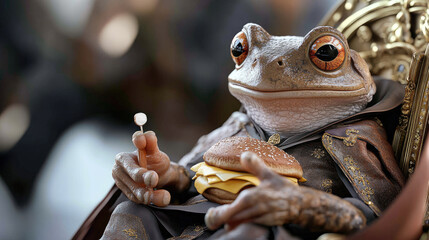 Brainrot hyper-detailed 3D frog dressed as medieval king sitting on a throne made of cheeseburgers, surreal golden palace, whimsical absurd scene, copy space