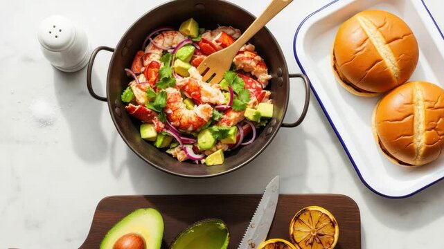 Delicious lobster salad with fresh avocado and red onion for making gourmet rolls. Top view flat lay of seafood ingredients with brioche buns and grilled lemon on a marble surface