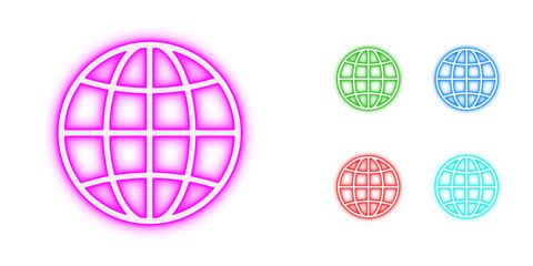 Neon global network icons vector set. Bright glowing internet world wide web and connectivity symbols in purple, blue, green, and red.