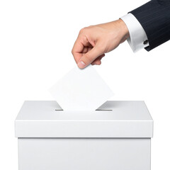 The Ballot Choice: A focused perspective on a hand, clad in a formal suit, casting a ballot, symbolizing the crucial democratic process of decision-making.