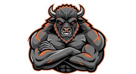 Aggressive Gray Buffalo Mascot Illustration with Crossed Arms on White Background