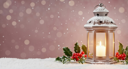 Christmas lantern with a burning candle and holly in the snow. Festive winter holiday background with falling snowflakes and bokeh. Merry Christmas and Happy New Year greeting card concept