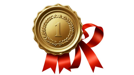 golden medal with red ribbon.Golden wax seal with ribbon isolated PNG, elegant award emblem on transparent background
