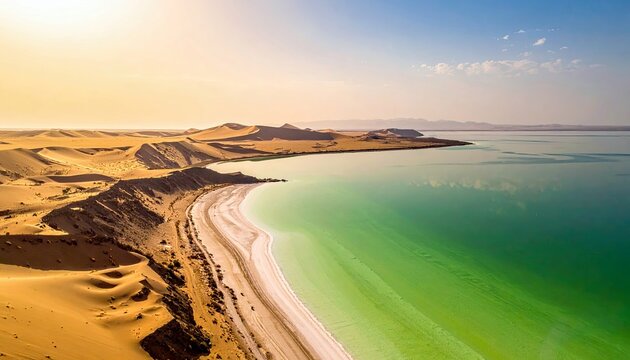 An expansive aerial view showcases a dramatic desert landscape where large sand dunes meet the ocean's edge, creating a striking contrast.
