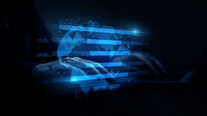 Digital World: Hands Typing on Laptop with Global Data Visualization