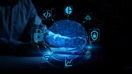 Futuristic Brain Interface with Digital Lock and Data Symbols, Blue Cybernetic Network