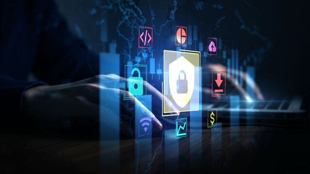 Cybersecurity Symbols Over Laptop with Hands Typing in Dark Tech Environment