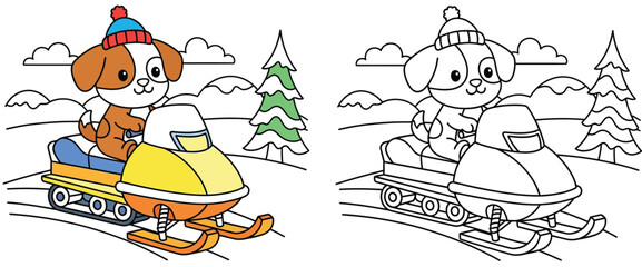Fototapeta premium Adorable Cartoon Puppy Snowmobiling in Winter Wonderland - Fun Kids Coloring Book Page