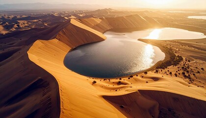 A stunning aerial view captures a rare desert oasis, featuring a tranquil lake nestled amidst vast, undulating golden sand dunes, bathed in the warm glow of sun