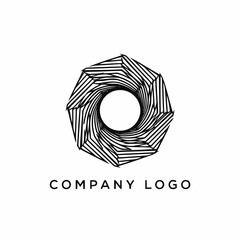 Abstract geometric logo with swirling lines and a central circle design.