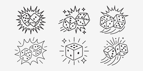 Variety of line art dice illustrations for games and gambling concepts