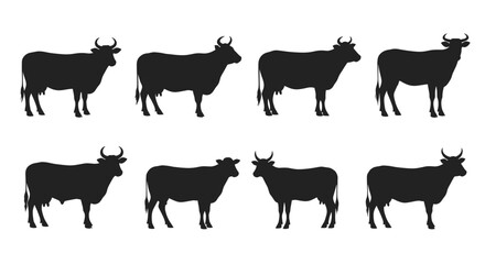 Fototapeta premium Eight black cow silhouettes stand in two rows against a white background.