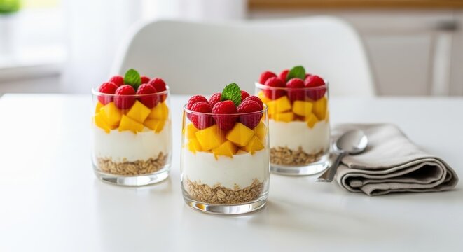 Three individual layered desserts in glasses, featuring granola, yogurt, mango chunks, and raspberries, with a spoon and napkin on a white table