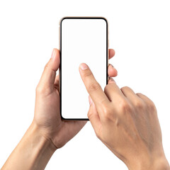 Digital Touch: A close-up shot of hands interacting with a sleek smartphone, showcasing the user interface and the ease of modern technology.