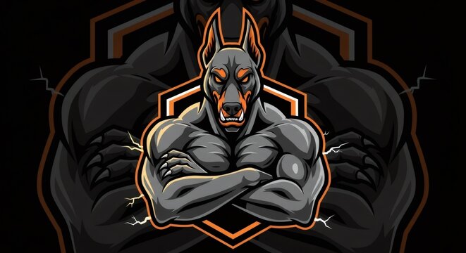 Pixelated Doberman with Muscular Arms Crosses Over Chest in Dark Grey and Orange on Hexagonal Background Vector Illustration
