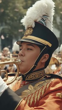 Vertical video: Playing plumed musician marching parade start turning right and playing trumpet